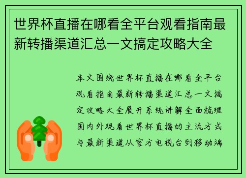 世界杯直播在哪看全平台观看指南最新转播渠道汇总一文搞定攻略大全