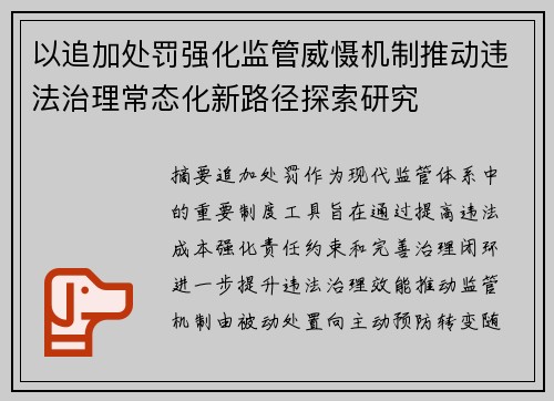 以追加处罚强化监管威慑机制推动违法治理常态化新路径探索研究