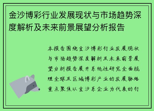 金沙博彩行业发展现状与市场趋势深度解析及未来前景展望分析报告